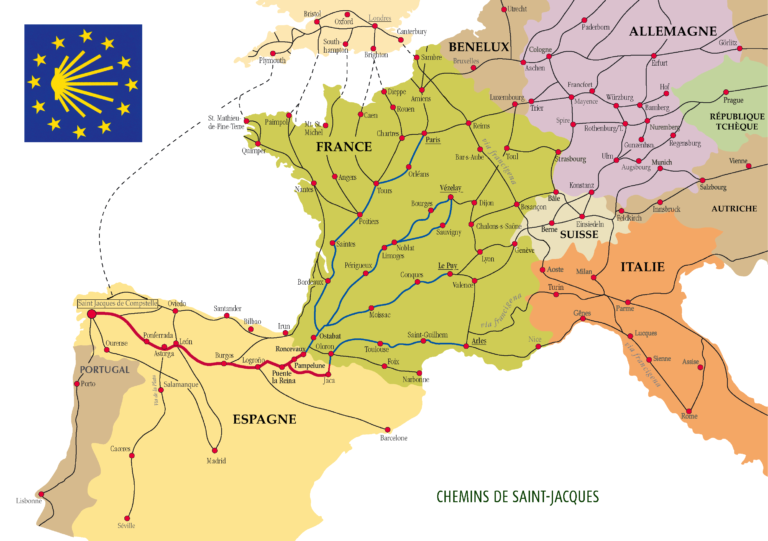 Chemins contemporains en Europe pour se rendre à Saint-Jacques-de-Compostelle.