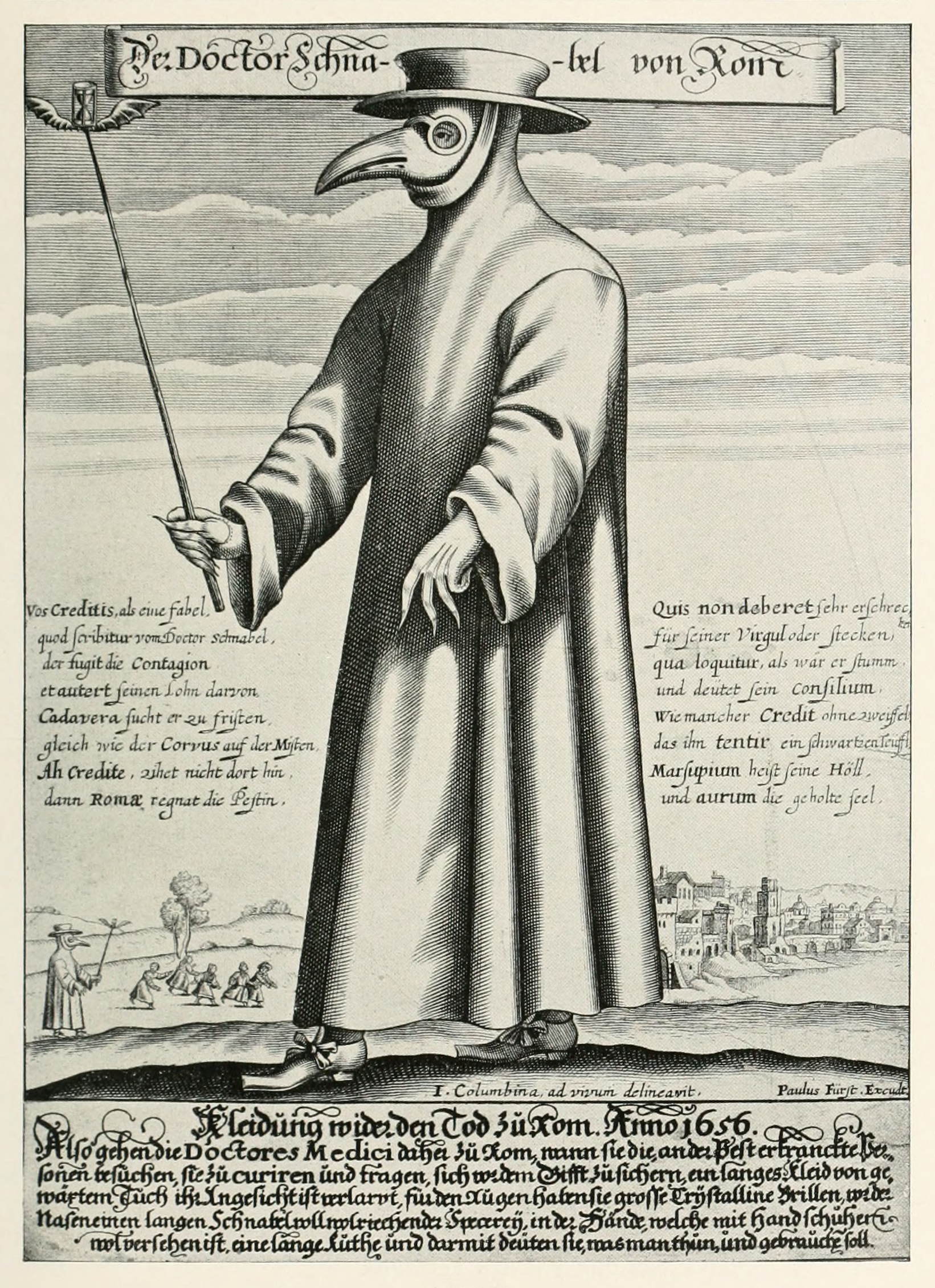 Médecin durant une épidémie de peste à Rome au XVIIe siècle - gravure de Paul Fürst (1656) : tunique recouvrant tout le corps, gants, bésicles de protection portées sur un masque en forme de bec, chapeau et baguette.